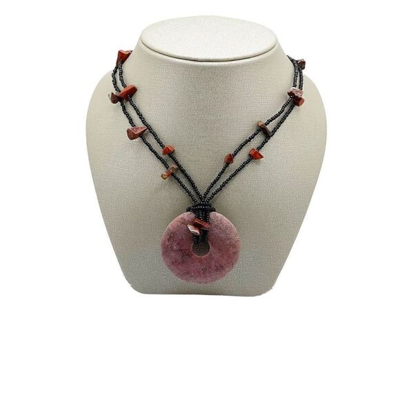 Rhodochrosite Necklace Purple Natural Stone Donut Pendant Black Beaded Chain - Picture 1 of 9
